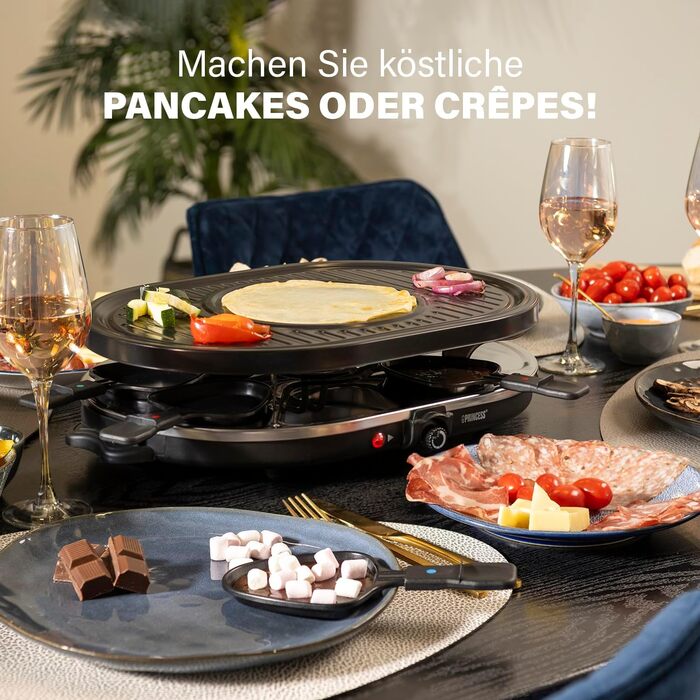 Електричний гриль Princess Raclette 8 панелей, овальний, 1200 Вт, багатофункціональна пластина з секцією для млинців, 42x30 см, чорний, нержавіюча сталь