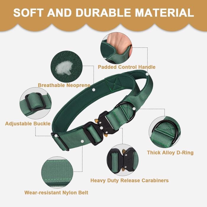 Тактичне нашийник для собак з ручкою, XL, зелений. Міцний, регульований, з металевою застібкою та неопреновою підкладкою