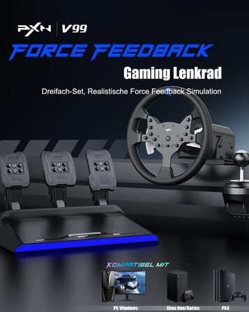 PXN V99 ігровий кермо з педалями та перемикачем передач – 3.2 Nm Force Feedback, 270°/900°, 11.8 дюймів, 4 лопаті перемикання передач, додаток Tools – кермо для PC, Xbox та PS4