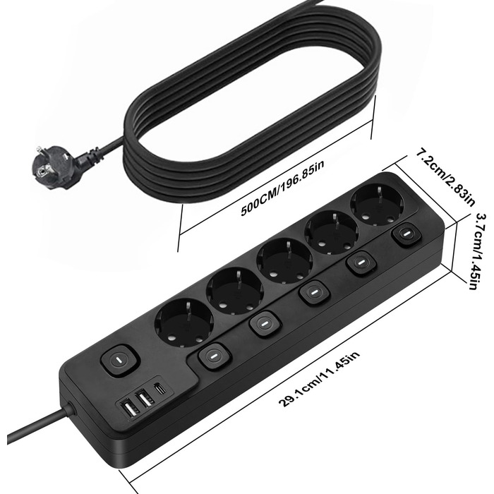 Мережевий фільтр з індивідуальним керуванням, 5 розеток з 2 USB-A та 1 USB-C, захист від перенапруги, 5 метрів, чорний