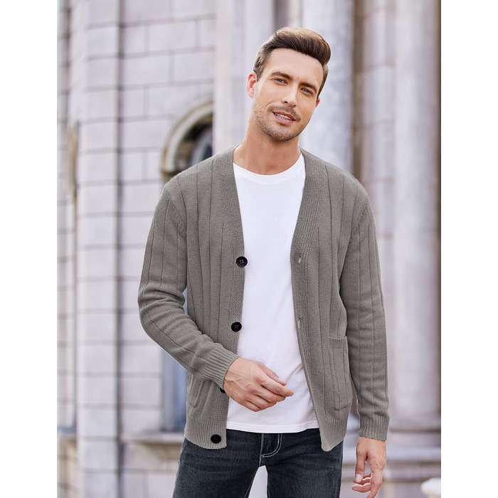 Чоловічий в'язаний кардиган COOFANDY з візерунком коси, V-подібний виріз, ґудзикова застібка, ребристий, з кишенями, сірий (S)