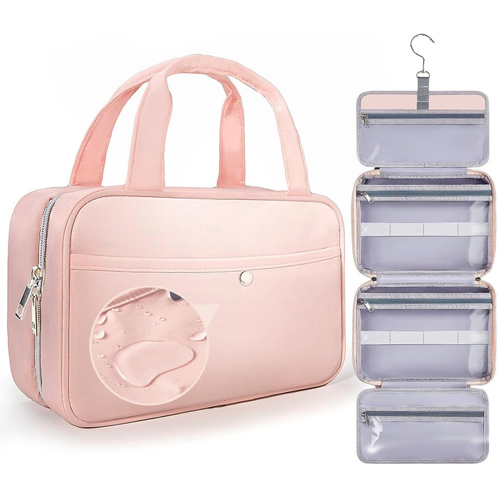 Жіноча косметичка для подорожей з петлею для підвішування – водонепроникна косметичка з прозорим вікном, легка сумочка для туалетних аксесуарів, макіяжу, шампуню, рожева, середній розмір (26x17x9 см)