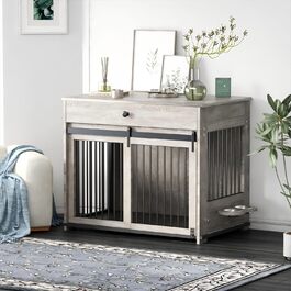 Кішка/песик: Дерев'яна будка для великих собак з ящиком, поворотна миска, сіра