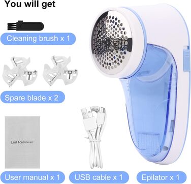 Електричний видалення ворсу для одягу та вовни з USB-кабелем та 2 запасними лезами (блакитний)