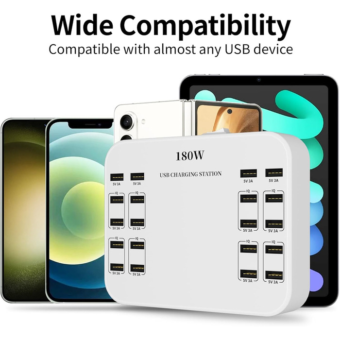 USB-зарядний пристрій 20 портів, портативна станція швидкої зарядки для iPhone, iPad, Samsung, Google, Xiaomi, Huawei та інших пристроїв