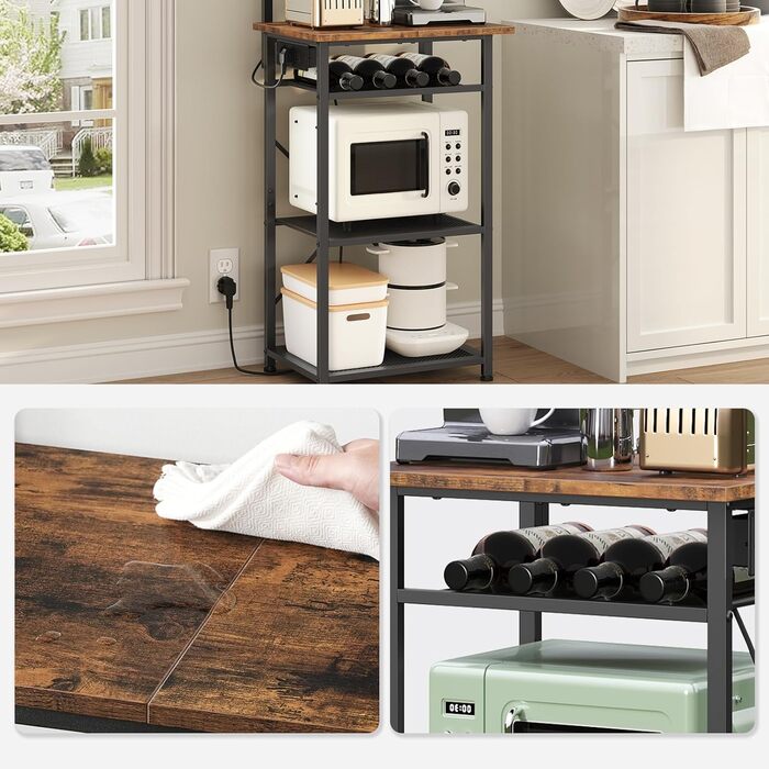 Стельова полиця з розетками, підлогова полиця, полиця пекаря, 35 x 48 x 135 см, 4 гачки S-подібної форми, станція для кавової бару з тримачем для пляшок та гачками, вінтажний коричневий та чорний колір ABRHR23UE01