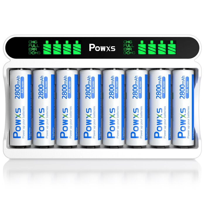 Зарядний пристрій POWXS для акумуляторів Ni-MH/Ni-Cd AA/AAA, 8 слотів, LCD-дисплей, USB/Type-C