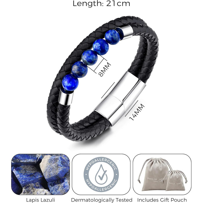 Чоловічий шкіряний браслет Philip Jones з натурального лапісу