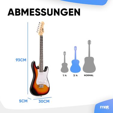 Електрогітара Max GigKit: Комплект для початківців з підсилювачем 40W, чохлом, медіатором, ременем, тюнером та кабелем (4/4, 3/4 Junior)