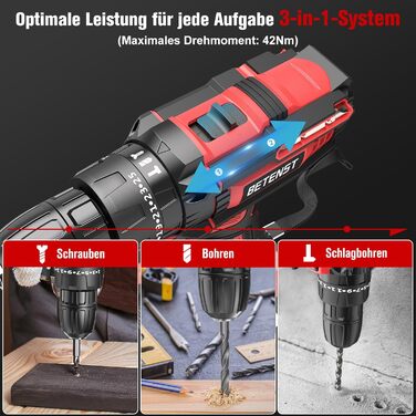 Акумуляторний дриль-шуруповерт BETENST 21V з 2 акумуляторами 2.0Ah, 42Nm, 25+3 ступені крутного моменту, 2 швидкості, LED-підсвічування, 30-ти елементний набір для дому, саду та DIY проектів