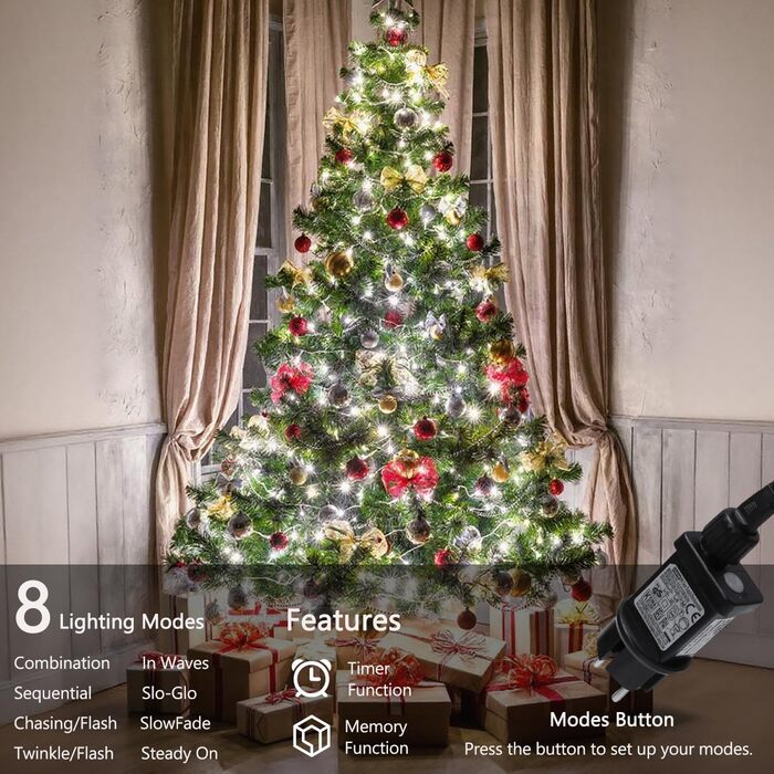 Ланцюжок прикрас Joomer 200 LED, 20 м, на батарейках з таймером, 8 режимів, вологостійкий, тепле біле світло, для декору саду, вечірки, весілля, внутрішнього та зовнішнього використання