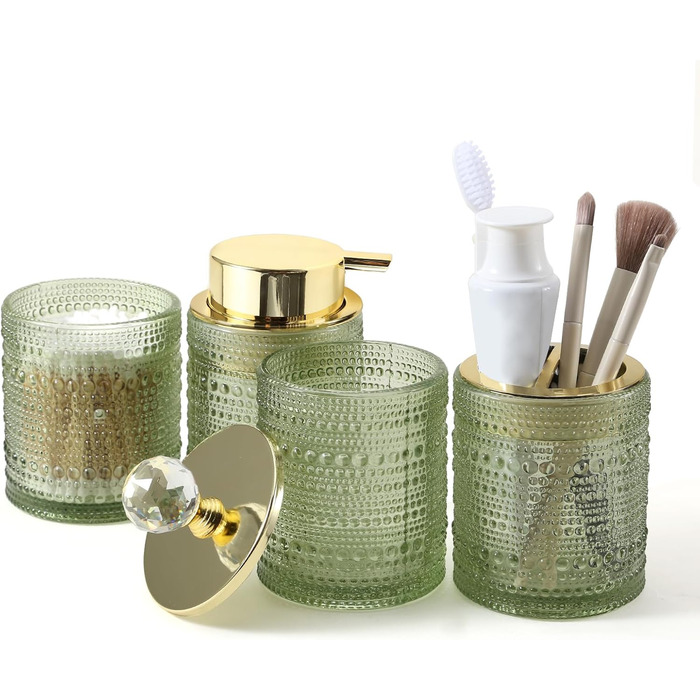 Набір аксесуарів для ванної кімнати Dasiton зі скла, 4 шт: дозатор для мила, тримач для зубних щіток, стаканчик для зубної пасти, контейнер для ватних паличок, декор для ванної кімнати, преміум-якість (зелений)