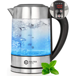 Електричний чайник BALTER з регулюванням температури, 40°C-100°C, подвійні стінки, без BPA, тихий та бездротовий, 1.5L, 2200W, чорний (скло)