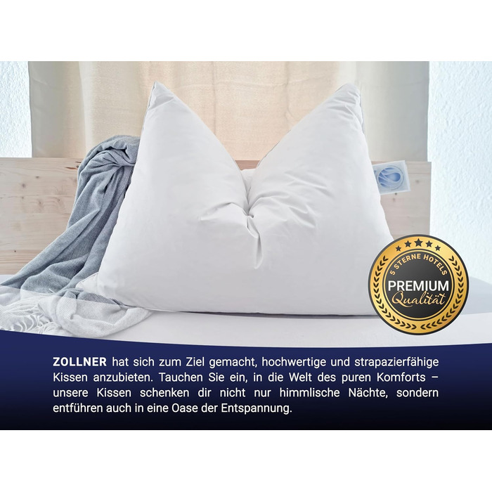 ZOLLNER 2-Pack Deluxe Down Pillow - Made in Germany – Suitable for allergy sufferers – Cover made of high-quality Mako cotton - washable up to 60°C - 60x80 cm - Hotel quality 60 x 80 cm 2-pack