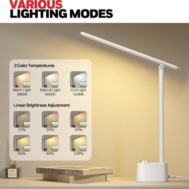 Лампа настільна Honeywell з USB-портом, диммер, захист очей – для дому та офісу, складна, портативна, HWT-H01 (біла)