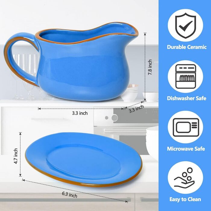 Porcelain sauce dish with drip-free spout for sauces, ceramic, for warming sauces, salad dressings, milk and more, microwave and dishwasher safe, (Ceylon Blue)