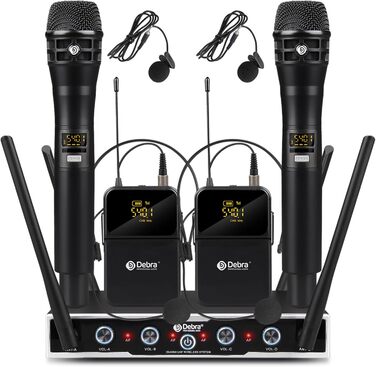 Debra 4-канальний UHF мікрофонний набір з 16 частотами | Дальність дії 80м, 4x Bodypack + Headset/Lavalier | Якість студійної звукозапису для співу, караоке та конференцій (2HD2LR2HT)