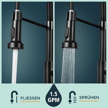 Змішувач для кухні FORIOUS висувний з душем, одноleverний, чорний мат, 360° обертання