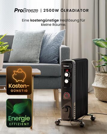 Pro Breeze 2500W Mini Oil Radiator with 11 Fins, Electric Heater, 24h Timer, Energy-Saving Oil Radiator, 3 Heating Levels, Adjustable Thermostat & Safety Shut-off Function - Black