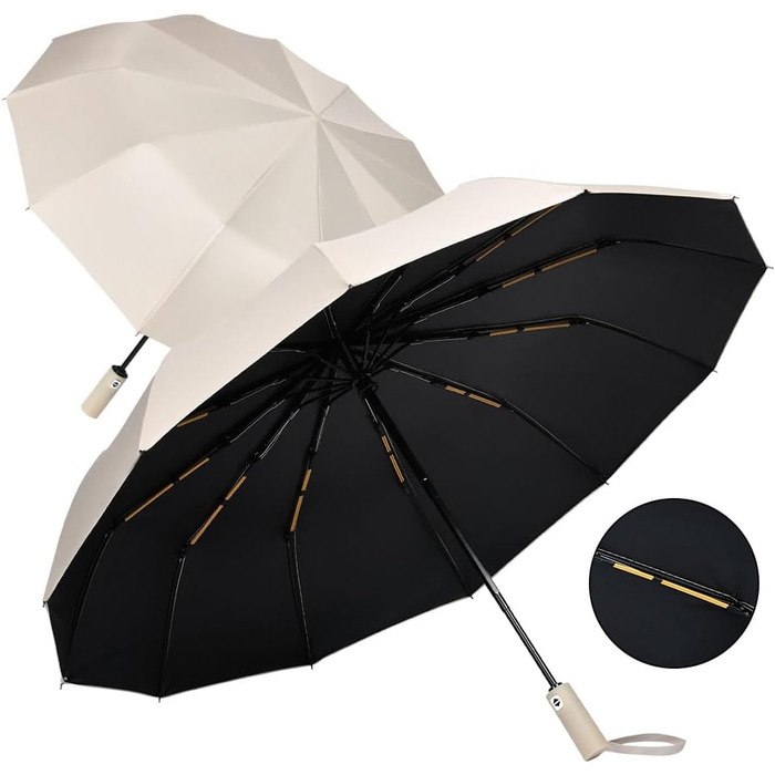 Вітростійкий автоматичний парасолька для подорожей, 12 ребер, для чоловіків та жінок (Бежевий)