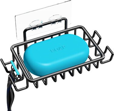 Тримач для мила з нержавіючої сталі з 4 гачками та зливом, самоклеючий, для душу та ванної кімнати (Чорний)