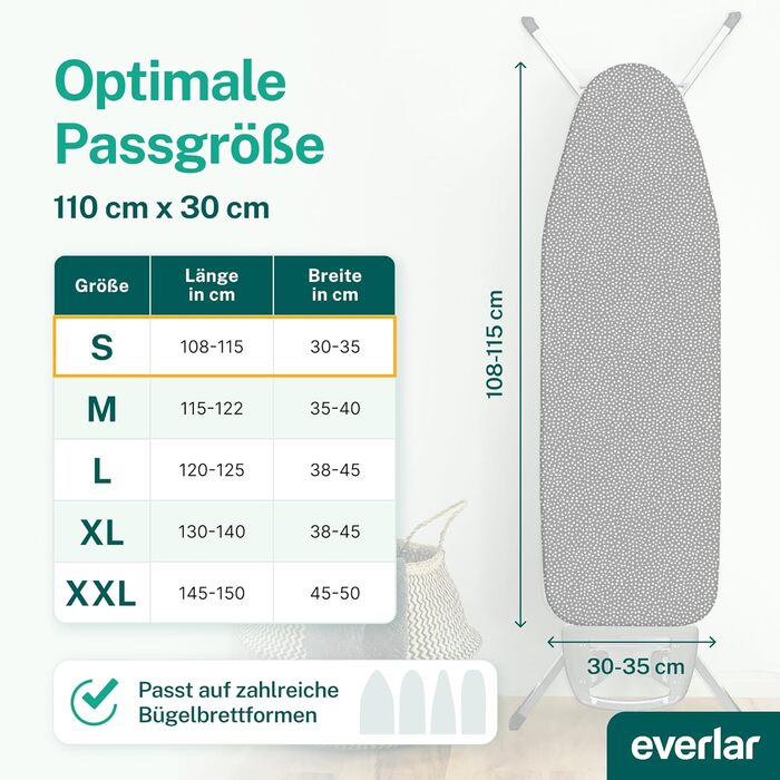 Everlar® Покривало для прасувальної дошки 120x40 см, виготовлено в Німеччині, OEKO-TEX® 100, м'яке, для прасувальної дошки та парогенератора (сірий у білих крапках)