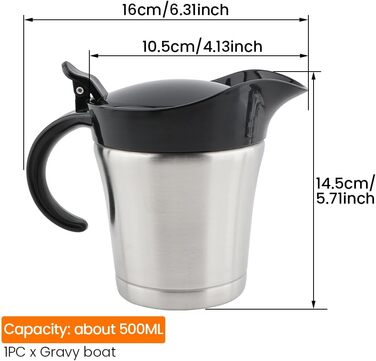 Double-walled stainless steel gravy boat with hinged lid, 500 ml sauce dish for serving sauces or cream (Size: 500 ml)