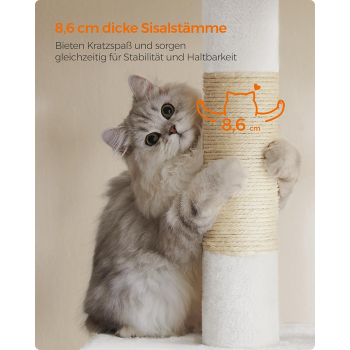 Feandrea Cat Tree, 84 cm Cat Tree, L, Cat House for Large Cats up to 7 kg, Large Platform, 2 Cat Caves, Sisal Posts, PCT61W (L (60 x 40 x 84 cm), Cream White)