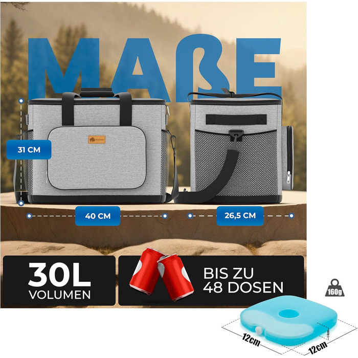 BigDean Термосумка-холодильник велика, 30 літрів, з 6 акумуляторами льоду. Ізольована, складна, витокозахисна та водонепроникна. Підходить для пікніків, обідів та покупок. До 5 годин охолодження.