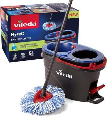 Vileda H2PrO Mop Set with Bucket | 100% separation of clean and dirty water | Innovative two-tank system with wringing function | Effortless wringing | Microfiber cleaning | Ergonomic design