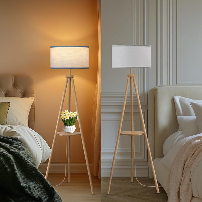 Стельова лампа на тренозі з полицею, з пульт керування, 3 колірні температури, для вітальні, спальні, офісу, бежевий абажур, стиль бері, декор