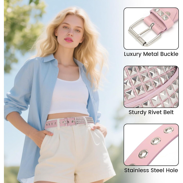 Пряжка з шипами для жінок та чоловіків - Металевий панк-рок ремінь з яскравими пірамідними шипами (Рожевий)