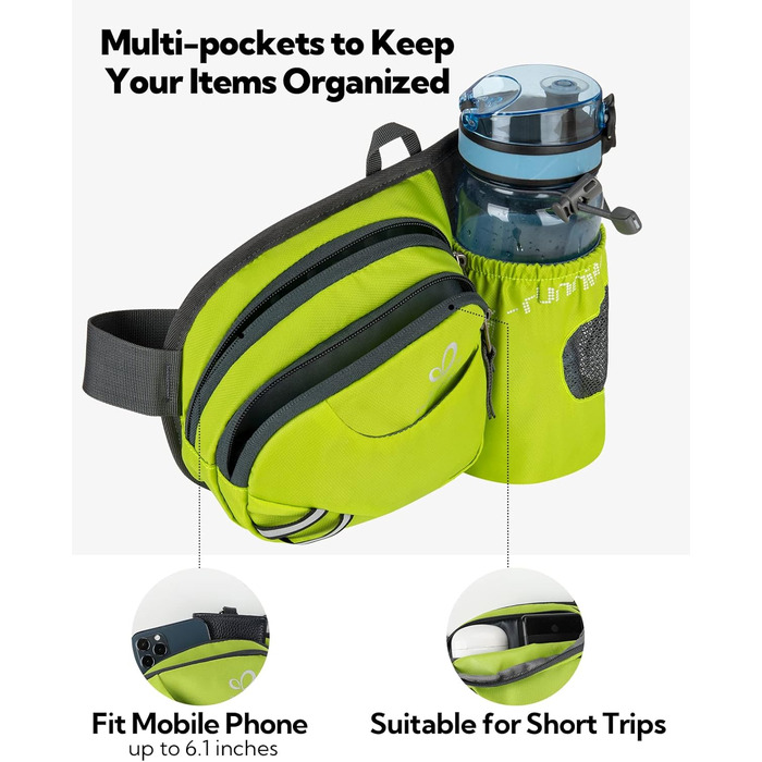 Спортивна поясна сумка Waterfly з тримачем для пляшки, для жінок та чоловіків, дихаюча, для бігу, велоспорту, кемпінгу, подорожей та активного відпочинку (світло-зелена)