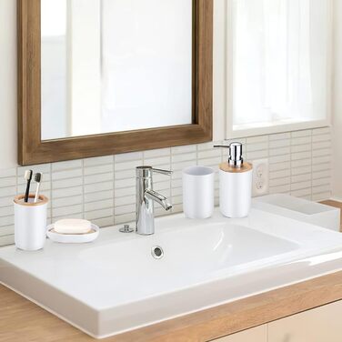 Набір для ванної кімнати MissFox 6 предметів: мильниця, дозатор миючого засобу, сміттєвий бак, тримач для зубних щіток, бачок для води, точилка для унітазу, бамбук, білий