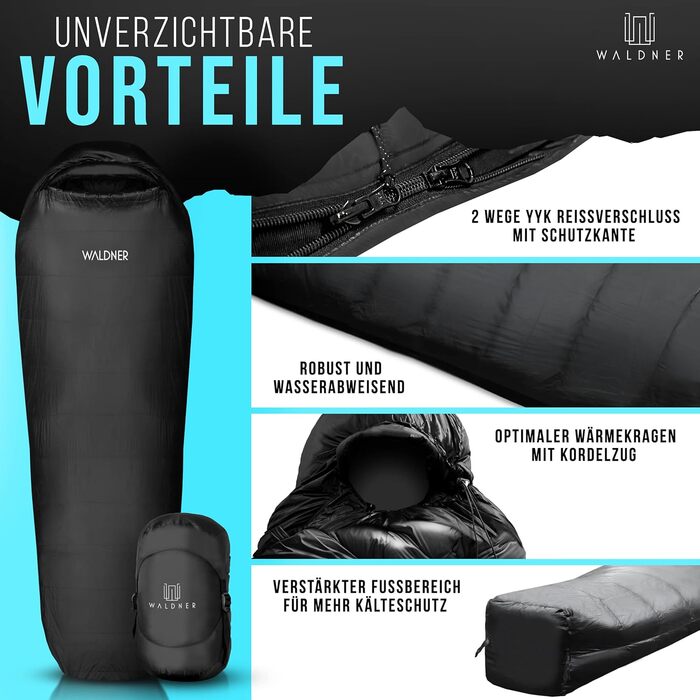 Спальний мішок WALDNER Daunenschlafsack Ultraleicht - ультралегкий, 4 сезони, 800г пуху, 600FP, для кемпінгу та відпочинку на природі (до 200см)