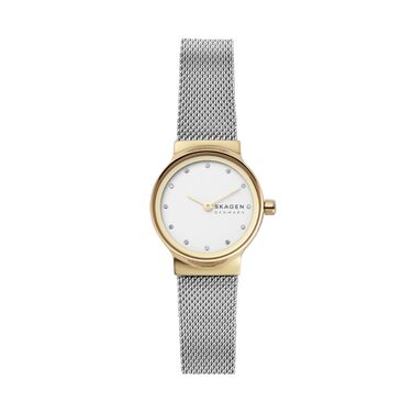 Жіночий кварцовий годинник Skagen Freja Lille 26 мм, сріблястий з золотистими елементами, сталевий або шкіряний ремінець