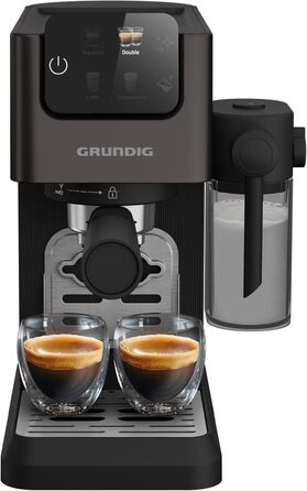 GRUNDIG KSM 5330 Espresso Machine with Integrated Milk Container, 1628 W Power, 15 bar Pump Pressure, Dual Nozzle, Color Touch Display, BrewSense, CreamyPro, Dark Inox/Black. With Milk Container