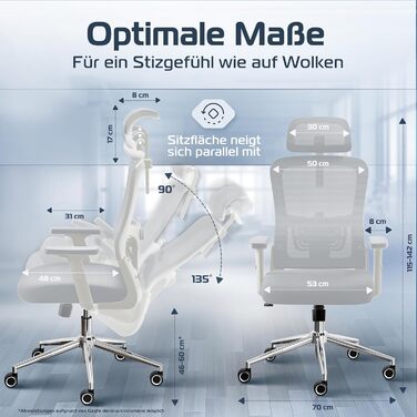 Ергономічне крісло SmartSeat для офісу та дому | Регульоване, 150 кг, Brightseat (кремовий білий)