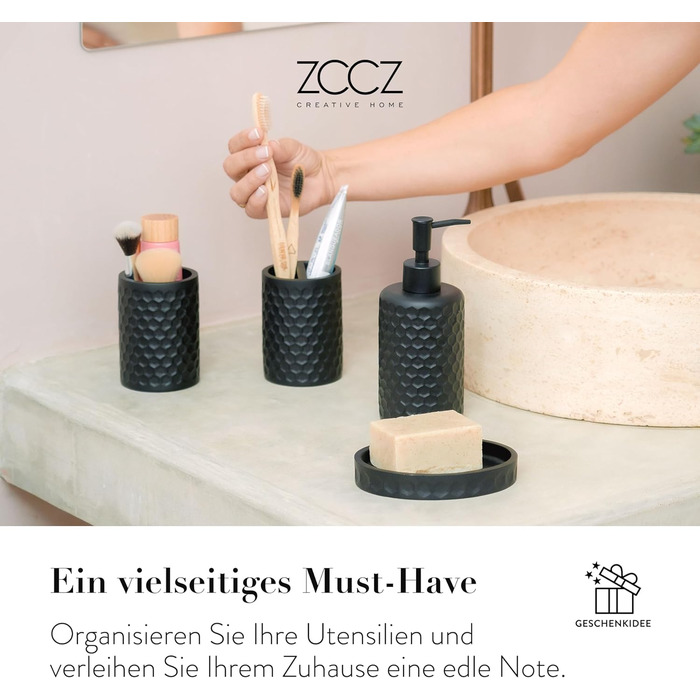 ZCCZ Bathroom Set – 5-Piece Organizer Set with Toilet Brush, Toothbrush Holder, Soap Dispenser, Soap Dish – Stylish Décor with Geometric Hexagon Pattern in Black for Modern Bathroom