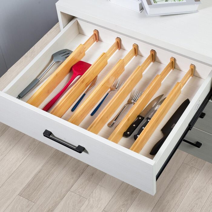 VaeFae Drawer Dividers Adjustable Bamboo, Expandable Drawer Organizer for Kitchen, Bedroom, Bathroom, Dresser, Spring-loaded Drawer Organization System, 6 Pieces