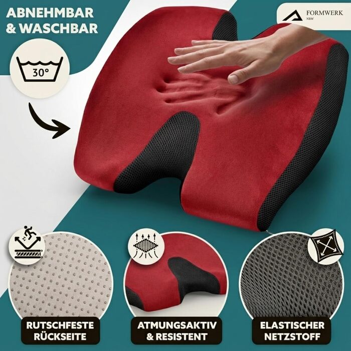 Ортопедична подушка для сидіння Formwerk NRW - Преміум ергономічна подушка для офісу та авто з 3D Memory Foam, сертифікат OEKO-TEX-100 (60-100 кг), червона