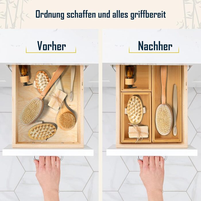 Lilly Things ANTI-SLIP Bamboo Drawer Organizer System (6 Piece, Wood) Drawer Organizer, Drawer Insert, Storage Box for Makeup, Cosmetics, Vanity, Desk, Office, Bathroom, Kitchen