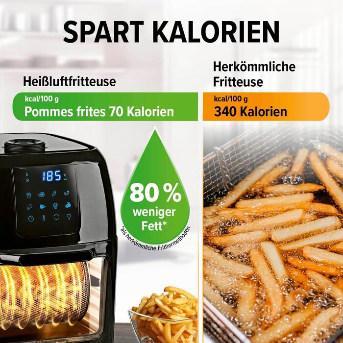 Gourmetmaxx Digital Hot Air Fryer XXL - 9L Oven | Air Fryer with Timer Function, Touch Display, Rotisserie, Skewers | Low-Fat, Energy-Saving Frying | 8 Programs, 1800 W Black 9 Liters