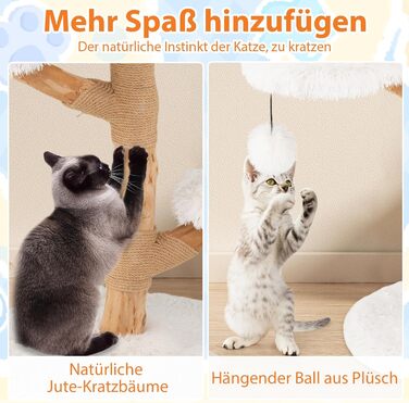Дерев'яна кігтеточка для котів Costway 90 см з 3 м'якими лежаками, мотузкою та кігтеточкою з джуту, 4-ярусна, білий + натуральний колір