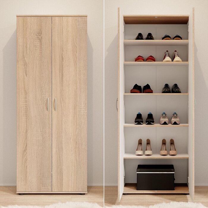 Stella Trading 3 Shoe Cabinet Tall, White - Versatile multipurpose cabinet with adjustable shelves - 70 x 176 x 35 cm (W/H/D) (Sonoma Oak)
