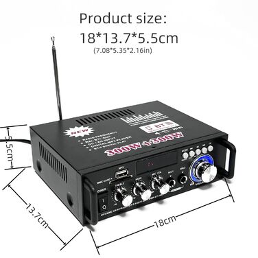 600Вт міні підсилювач цифровий Bluetooth стерео для дому та авто, USB, SD, FM, мікрофон, HiFi, 12В/220В, 2-канальний, LCD, BT298A