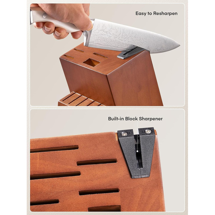 D.Perlla 14-Piece Self-Sharpening Knife Block Set - Professional Stainless Steel Kitchen Knife Set with Plastic Handle & Wooden Block (Brown)
