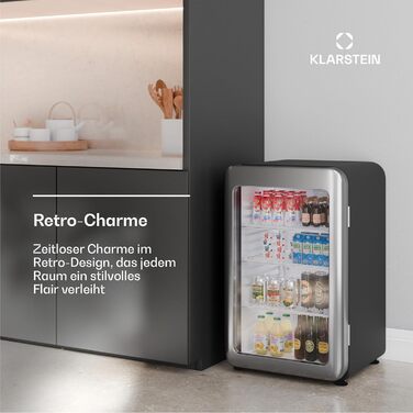 Klarstein Audrey Evo: Холодильник для напоїв 68L, ретро-дизайн, LED-підсвітка, подвійне скло, 0-10°C, клас енергоефективності C, регульовані ніжки, чорний