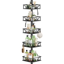 Телескопічна поличка для душу Bomclap з 5 кошиками, кутова, металева, чорна. Регульована висота 106-287 см, без свердління.