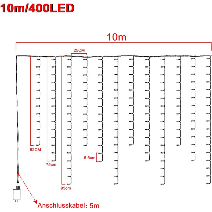 Ланцюжок прикрас LED 10м, 600 LED, теплий білий, 8 режимів, для дому та саду, IP44, вологостійкий, для святкування (Новий рік, Вечірка, Хелловін)